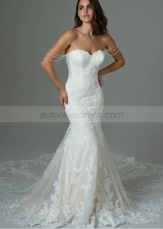 Ivory Embroidered Lace Tulle Wedding Dress With Detachable Crystal Straps
